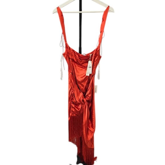 For Love & Lemons Anisa Asymmetrical Fringe Silk Midi Dress, Red, Size Small,NWT - Picture 3 of 12